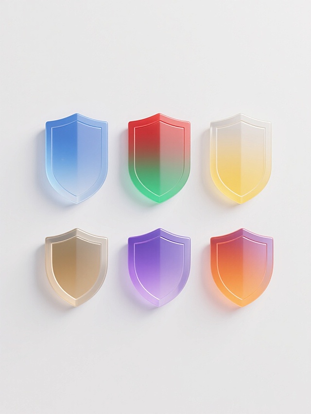 六个规整排布的护盾图标，简约现代造型，每个护盾采用不同配色（如蓝色、红色、绿色、黄色、紫色、橙色）和不同材质（如玻璃质感、金属光泽、磨砂表面、哑光效果、渐变透明、半透明果冻质感），护盾轮廓简洁流畅，内部可包含细微差异化的装饰元素，整体置于纯白色纯色背景上，无任何文字、logo或水印，保持统一的视觉风格和布局平衡。