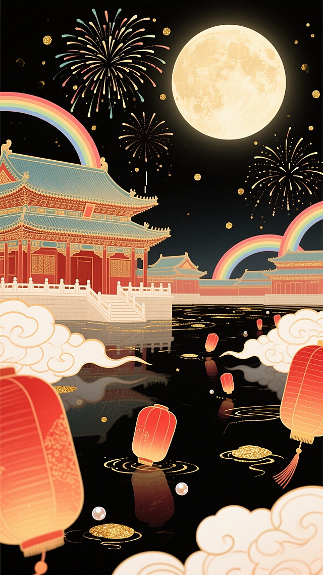 中国节日风格插画，国庆庆典，满月下的古宫殿，空中绽放的烟花，河面漂浮的红灯笼，云层与屋顶有彩虹般的光晕，黑色夜晚背景带有金色点缀，奢华的漆艺与珍珠质感