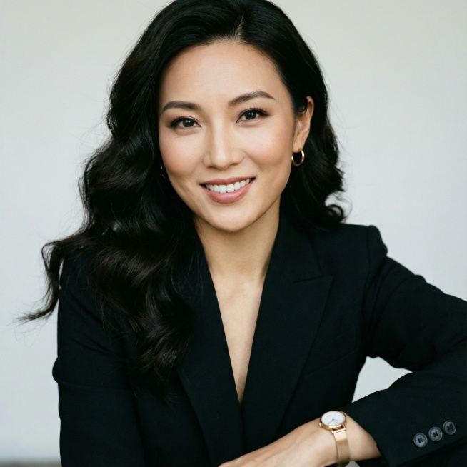 黑色西装、气质中国美女、头像特写、优雅大方、自信独立、精致妆容、简约配饰、长发大波浪，时尚魅力、气场全开、女神风范。预览效果