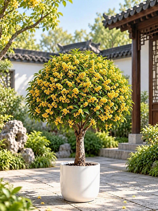 将图中桂花树的花朵替换为第二张参考图中的花朵形态和花簇样式，保持原图的盆栽、中式庭院背景、整体构图和光影风格不变