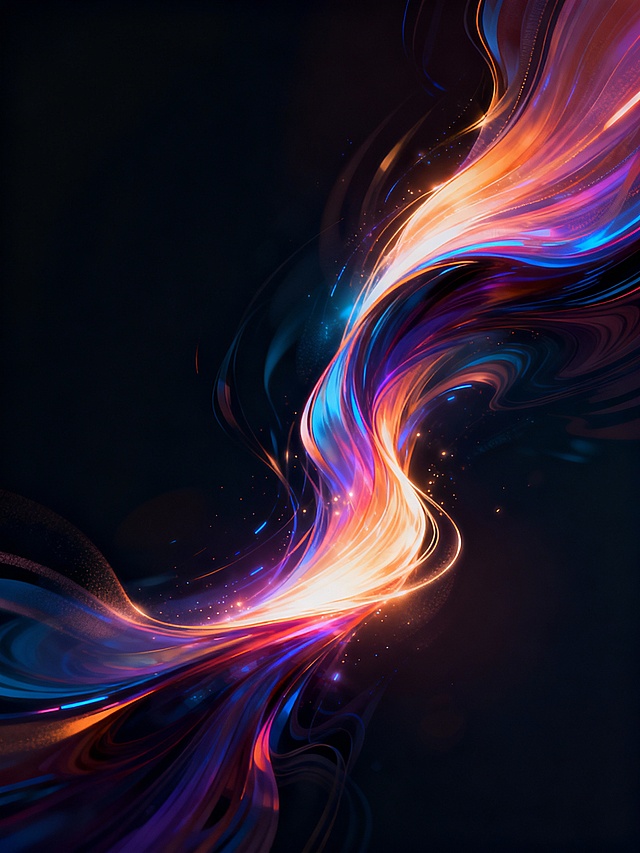 画面以深邃暗色调为基底，营造神秘而富有科技感的氛围，大量流动的彩色光线如丝绸般在空间中蜿蜒穿梭，光线色彩丰富且过渡自然，呈现出强烈的动态视觉效果，光影明暗对比鲜明，高光处璀璨夺目，阴影处深邃内敛，整体构图注重光线的流动轨迹和视觉引导，形成充满律动感的视觉冲击，光线边缘带有柔和的光晕效果，仿佛蕴含着无尽的能量在缓缓释放，给人一种梦幻而震撼的感官体验。