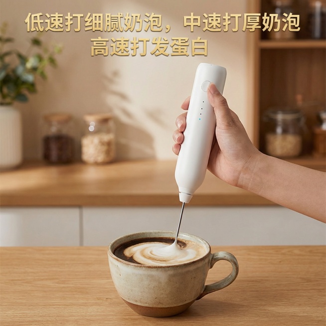 这是一款咖啡打泡器，换个背景，要温馨一点，把里面的鸡蛋换成咖啡。杯子也换掉，要符合逻辑，添加【低速打细腻奶泡，中速打厚奶泡，高速打发蛋白】文字预览效果