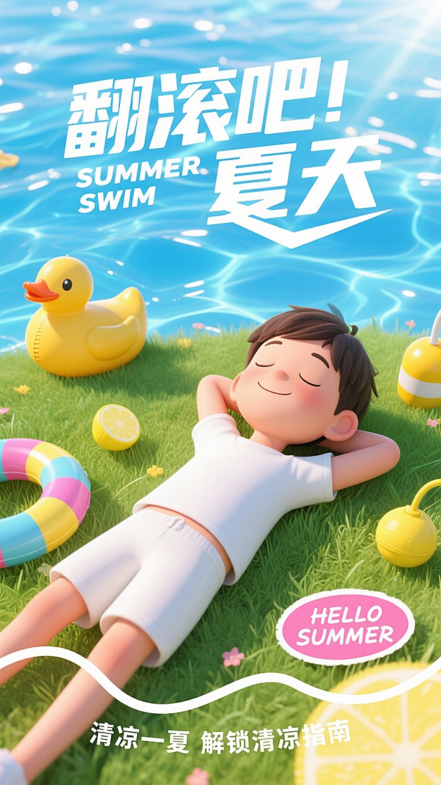 3D卡通风格海报，明亮欢快的夏日氛围，主色调为清澈的蓝色和白色，搭配黄色和粉色点缀，阳光照射下的水面波光粼粼，呈现出透明感和光泽感，柔和的光影效果，温暖的高光和清晰的阴影细节，平滑的3D建模质感，构图以中央人物为焦点，四周环绕装饰元素。画面中央是一个穿着白色短袖和白色短裤的小男孩，闭着眼睛，面带微笑，双臂枕在脑后，惬意地仰卧在绿色的草地上，身边散落着黄色的充气小黄鸭、彩色条纹的游泳圈和一个小小的黄色柠檬造型浮标。上方有大字标题“翻滚吧！夏天”，采用白色粗体无衬线字体，带有动感的倾斜角度，下方是“SUMMER SWIM”英文小字。右下角有一个粉色椭圆形贴纸，上面写着“HELLO SUMMER”白色手写体文字。底部有白色曲线装饰线条，环绕着“清凉一夏 解锁清凉指南”的白色文字，整体视觉层级清晰，排版简洁活泼，信息传达高效，符合暑假主题的轻松愉快氛围。
