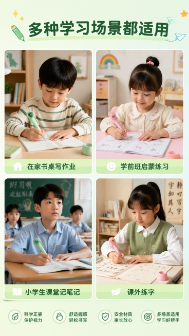 [第8屏] 多场景适配拼图，展示好来星正姿笔在家庭作业、课外练习、启蒙练字等多场景使用。
[氛围/风格] 清新拼接风，浅绿渐变背景，多场景拼图展示，活泼充满童趣，商业图文质感。
[元素布局] 采用2行预览效果
