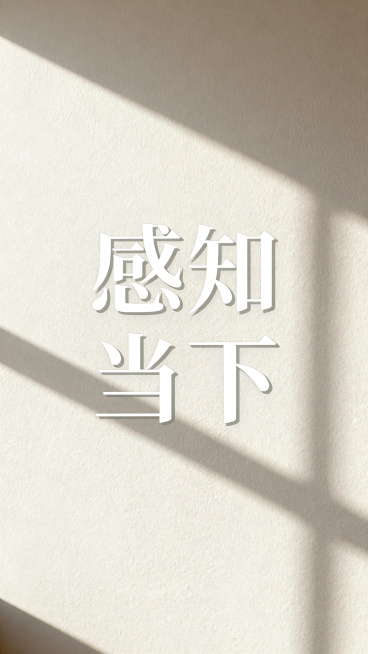 公众号宣传海报，极简清新风格，画面中央展示醒目的公众号名称“感知当下”，搭配自然放松的光影与浅色系背景，突出平静治愈的氛围，整体设计简约高级适合宣传预览效果