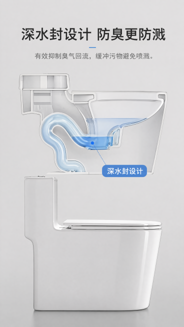 [第3屏] 深水封设计功能解析，保留马桶外形不变。浅灰背景，上半部分剖面展示水封结构，蓝色标注深水封区域，文字标注"深水封设计"。顶部主标题"深水封设计 防臭更防溅"，说明文字：有效抑制臭气回流，缓冲预览效果