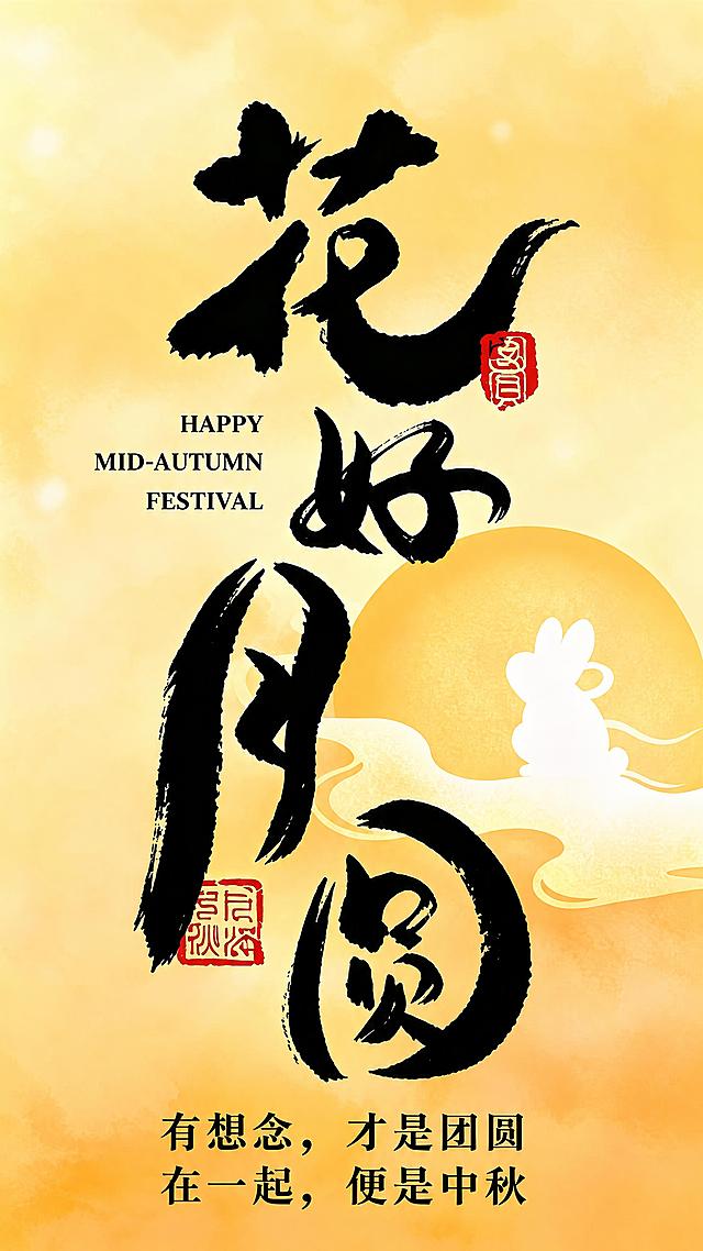 基于参考图，重新生成一张完全相同的中秋节花好月圆竖版海报，保持所有画面内容不变：暖黄色渐变背景，金色圆月，白色玉兔坐在云朵上，黑色毛笔书法大字'花好月圆'竖排，两个红色印章，左侧英文'HAPPY MID-AUTUMN FESTIVAL'，底部黑色文字'有想念，才是团圆 在一起，便是中秋'。去除顶部的圆圈数字3，去除右下角的'豆包AI生成'水印。画面风格、字体、构图、颜色与原图完全一致，不要有任何其他改动。