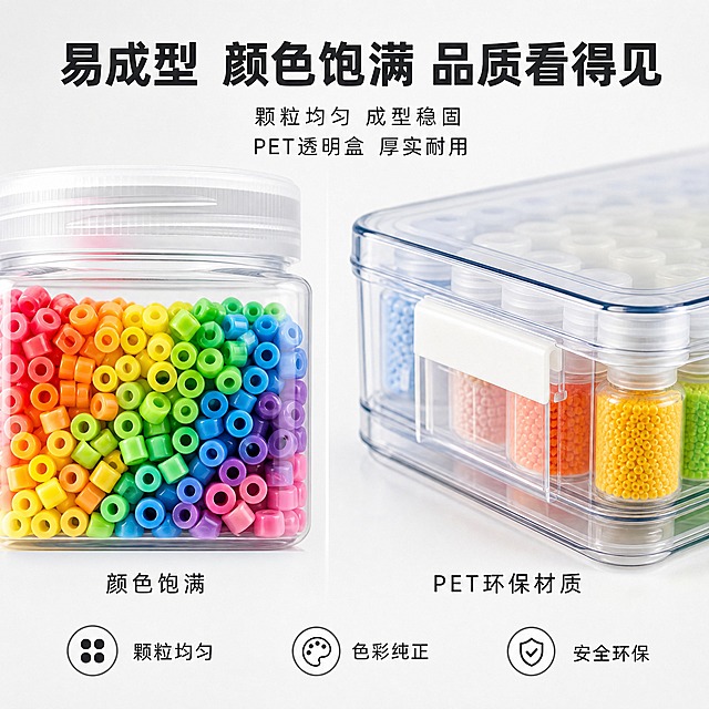[主图-3] 材质品质细节 拼豆易成型颜色饱满 PET透明收纳盒品质 参考参考图极简白底风格
[统一基调] 参考图风格 极简白底电商主图 浅灰白色渐变背景 干净高级 标题为深灰色粗黑体大字 辅助文字深灰色 图标+文字卖点 整体简洁大气 产品实拍质感 无多余装饰
[画面] 浅灰白色渐变背景 画面采用左右分栏构图 左侧为拼豆瓶微距特写 展示瓶内拼豆颗粒饱满 颜色鲜艳均匀 颗粒大小一致 质感细腻 右侧为PET透明收纳盒局部特写 展示盒体透明通透 材质厚实 边缘光滑 卡扣结构紧密 背景干净 突出细节质感 产品细节占画面约70%
[光影质感] 商业微距摄影质感 柔和侧光突出拼豆颗粒立体感和表面光泽 透明盒体有光线穿透的通透感 阴影柔和 细节清晰锐利 质感真实
[配色] 背景浅灰白色渐变 拼豆彩色饱满 盒体透明带淡蓝反光 标题深灰色 整体干净高级
[文字版式] 画面顶部大标题粗黑体深灰色「易成型 颜色饱满 品质看得见」 标题下方分两行小字「颗粒均匀 成型稳固」「PET透明盒 厚实耐用」 左侧微距区下方配文字「颜色饱满」 右侧盒体下方配文字「PET环保材质」 底部横排三个图标加文字「颗粒均匀」「色彩纯正」「安全环保」 文字清晰排版整齐
[输出要求] 1:1正方形 2048px 文字清晰可读 细节清晰锐利 颜色准确 禁止变形 错字 模糊 杂乱 水印 平台Logo 保持参考图极简白底风格