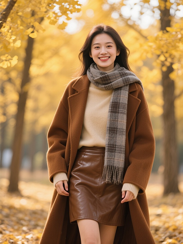 秋季户外写真，一位长相精致、气质优雅的年轻女性，她有着明亮的杏眼和甜美的笑容，身穿一件米色高领毛衣搭配棕色皮质短裙，外披一件焦糖色长款大衣，脖子上围着一条灰色格纹围巾，双手自然垂放在身前，微微侧身望向镜头，背景是一片金黄的银杏树林，阳光透过树叶洒下斑驳的光影，整体画面温暖而富有诗意，色彩以暖黄色和棕色为主调，光影柔和，具有电影般的质感和细腻的皮肤纹理。