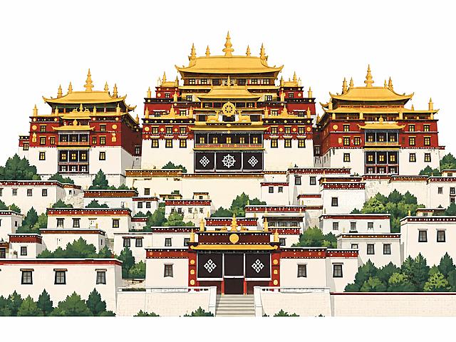 松赞林寺矢量图形，香格里拉地标，简洁扁平化矢量插画风格，藏式寺庙建筑轮廓清晰，金色屋顶与红色墙体，白色背景，干净线条，高清细节