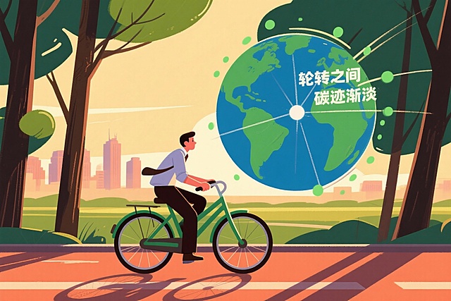 《绿碳行者》系列海报设计之海报一：城市骑行风
画面描述：清晨阳光下，一位上班族骑着共享单车穿过林荫道，背景是逐渐苏醒的城市天际线。自行车轮巧妙地化为地球形状，旋转时洒出绿色光点。
宣传标语： “轮转之间，碳迹渐淡”
图像尺寸750mm*550mm