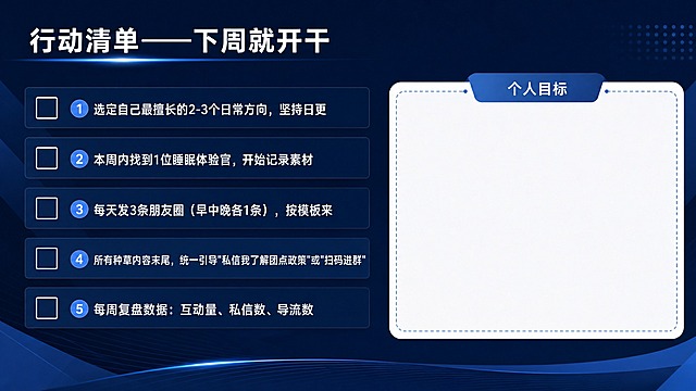 PPT内页，简约商务风格，深蓝色主题。标题"行动清单——下周就开干"。页面左侧是5条带勾选框的清单，从上到下：①选定自己最擅长的2-3个日常方向，坚持日更 ②本周内找到1位睡眠体验官，开始记录素材 ③每天发3条朋友圈（早中晚各1条），按模板来 ④所有种草内容末尾，统一引导"私信我了解团点政策"或"扫码进群" ⑤每周复盘数据：互动量、私信数、导流数。右侧有留白区域标注"个人目标"，供填写。每条清单前有一个方形勾选框图标。