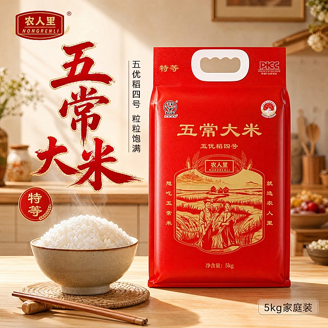 [主图-1] 首图点击率 五常大米家庭装食欲感主视觉。
[统一基调] 国风喜庆暖调 主色中国红+暖金+米白 主标题粗笔刷书法字厚重有飞白 辅助文案细黑体 强调字用竖排圆章印章式 整体抖音强视觉冲击 高清实拍质感。
[画面] 红色农人里五常大米5kg包装袋居中偏右 占画面约65% 包装袋完整不切割 正面朝向观众 包装袋左前方摆放一碗刚蒸好的白米饭 米饭颗粒饱满晶莹剔透冒着微微热气 旁边放一双木筷 背景是温馨的中式家庭餐桌 浅木色桌面 远处虚化的厨房暖光环境 左上角放农人里品牌同款Logo 左上方大面积留白放主文案。
[光影质感] 自然暖阳光线 从左上方斜射 米饭有通透光泽 包装袋有真实纸质质感和轻微反光 底部有柔和接触阴影 整体温暖有食欲 商业摄影质感。
[配色] 背景暖木色+米白 主标题红色+暖金描边 辅助文案深棕色 强调字印章红底金字。
[文字版式] 左上方主标题竖排或横排大字 主标题"五常大米" 副标题"五优稻四号 粒粒饱满" 左下角小印章圆章写"特等" 右下角小字"5kg家庭装" 文字清晰不遮挡产品主体。
[输出要求] 1:1正方形 文字清晰可读 产品清晰完整 无变形 无错字 无模糊 无杂乱背景 无水印 无平台Logo 禁止绝对化极限词。
