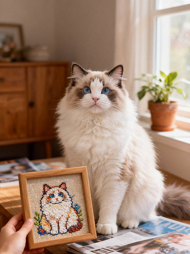 宠物与刺绣的合影。左下方有一只手举着一幅方形木框装裱的刺绣作品（绣宠物画像，色彩鲜艳）。背景是温馨的居家场景，有木制家具、杂志、盆栽，自然光从右侧窗户洒入。写实摄影风格。