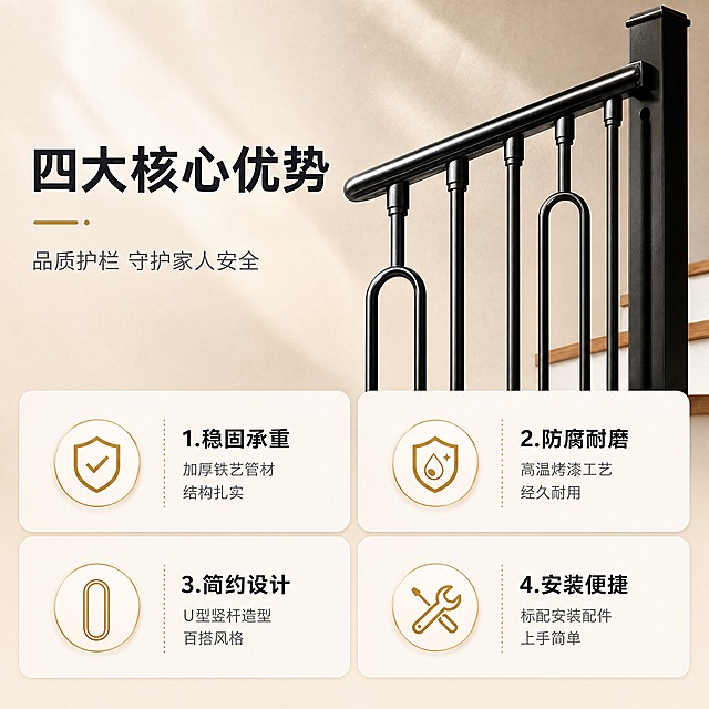 [商品] 使用【图1】和【图2】现代简约铁艺楼梯扶手护栏；保留黑色哑光铁艺材质、U型椭圆竖杆、圆管扶手、方形立柱的结构特征；商品处理：截取护栏局部特写作为产品展示元素，增强金属质感，不改变产品造型和颜色。
[画面] 页面目标：核心卖点总览，用4大卖点快速传递产品价值。构图：上方约30%区域放主标题和产品局部特写，下方约70%区域为2×2四宫格卖点卡。主体占比：产品局部约占25%，信息卡约占60%。阅读动线：从上到下，从左到右。背景：暖米色渐变背景，带细腻纹理质感。
[视觉] 套系策略：风格=现代轻奢家居商业摄影风；标题字=思源黑体粗体；正文字=思源黑体常规体；主色=哑光黑+暖米杏；背景延展=基于暖米杏做深浅渐变、同色系墙面和地面质感延展；强调色=暖金色，仅用于小面积图标、引线和标签点缀；标题色=深炭黑；正文色=中暖灰；组件=圆角浅底信息卡、细线引线、简约图标；光影=左前侧暖柔光，自然室内天光感，护栏金属表面有细腻高光。
[文字] 顶部主标题：四大核心优势；副标题：品质护栏 守护家人安全。四宫格每格含图标+短标题+一句话说明：1.稳固承重 加厚铁艺管材 结构扎实；2.防腐耐磨 高温烤漆工艺 经久耐用；3.简约设计 U型竖杆造型 百搭风格；4.安装便捷 标配安装配件 上手简单。文字均为横排，层级清晰，手机端可读。
[规格] 图片比例1:1方版，分辨率4K，负向提示：避免变形、错字、文字过小、颜色改变、结构失真、冷蓝灰背景、极限词。