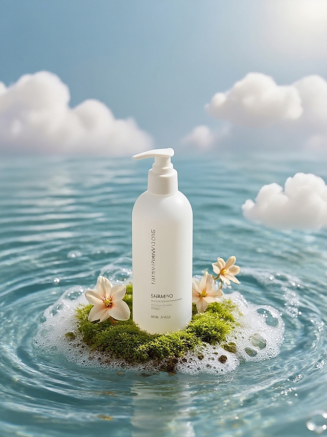 把主体放在一个微观生态小岛上，周围是绵密泡沫、水波纹、米色花朵，云朵，泡沫肌理明显。静物摄影，柔和的自然光线。