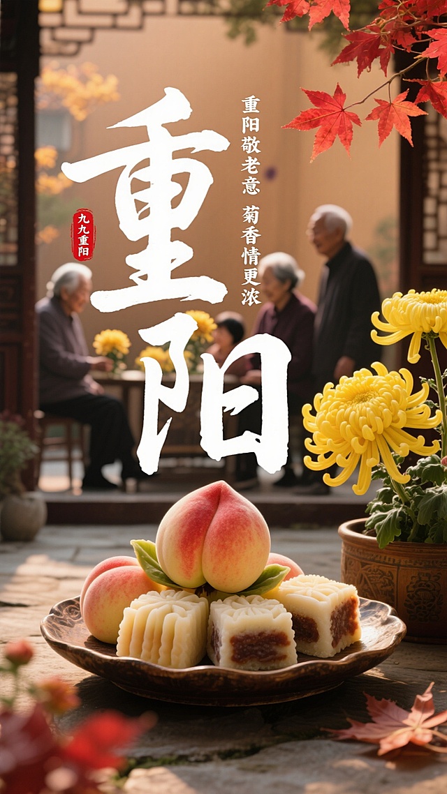 画面主体是由寿桃、重阳糕造型组成的 “重阳” 大字，大字连着摆放寿桃与重阳糕的古朴托盘，旁有盛开的黄色菊花与红色枫叶。有白色书法小字竖排 “重阳敬老意 菊香情更浓”，红色印章 “九九重阳”，背景为带有温馨感的暖棕色调庭院场景（老人与晚辈共赏菊的朦胧剪影）。