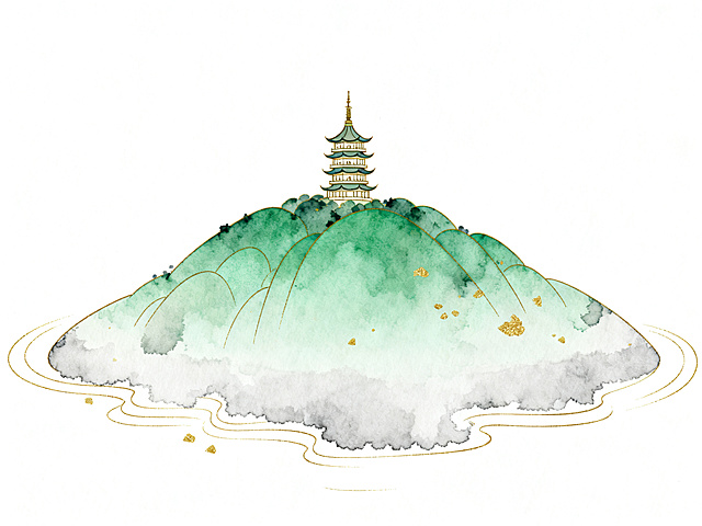 纯白背景，细线稿，国潮水彩风格，西湖山旅游地标，圆润山形，山顶一座古塔，淡墨绿色与浅灰，留白处理，线条纤细，水彩晕染边缘