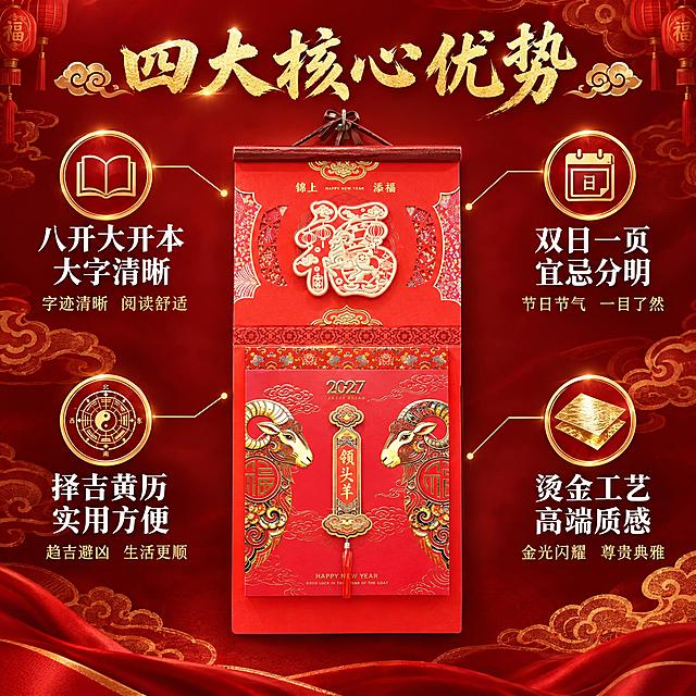 [主图-2] 核心亮点展示，突出撕历的四大核心功能优势。
[统一基调] 国潮喜庆风格，红金主色调，背景为深红色渐变搭配金色祥云纹理，标题字体为大气书法体金色字，辅助文字为白色宋体，整体氛围高端大气有年味。
[画面] 画面中央展示image2中的锦上添福款撕历正面，产品占画面约50%，完整展示撕历的整体结构和精美外观。以产品为中心，用细金色引线向四周引出四个卖点图标：左上方引线指向"八开大开本 大字清晰"配书本图标，右上方引线指向"双日一页 宜忌分明"配日历翻页图标，左下方引线指向"择吉黄历 实用方便"配罗盘图标，右下方引线指向"烫金工艺 高端质感"配金箔纹理图标。每个卖点配圆形金色边框图标+文字说明。
[光影质感] 商业摄影质感，产品正面受光均匀，烫金部分有金属反光，纸面纹理清晰，阴影柔和，整体立体感强。
[配色] 主色中国红+金色，辅助色米白，背景深红渐变，图标金色描边红底。
[文字版式] 顶部主标题"四大核心优势"金色书法大字。四个卖点文字为白色标题+金色小字说明，排列在对应图标旁。引线为细金色线条，末端有金色光点定位。
[输出要求] 1:1正方形比例，2K分辨率，产品清晰，文字清晰可读，无变形，无错字，无水印，无平台logo。