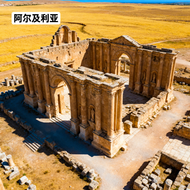 阿尔及利亚热门景点风景图，正方形比例，4K超高清。画面展现杰米拉古罗马遗址景观，古老的石砌建筑遗迹在撒哈拉沙漠边缘的阳光下矗立，周边是黄褐色的旷野，蓝天澄澈，石材纹理、建筑残迹细节清晰锐利，色彩厚重自预览效果