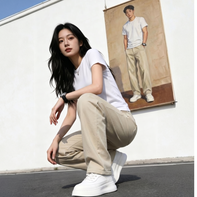 将图中女生的蓝色牛仔裤和背景油画里男生的蓝色牛仔裤，都替换成图二所示的浅卡其色阔腿休闲裤，保持整体场景、人物姿势、光影和其他元素不变预览效果