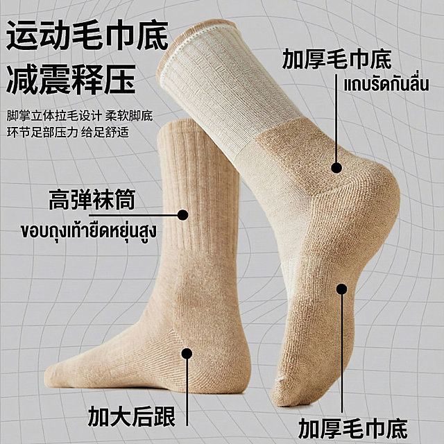 这是我在TIKTOK小店正在卖的女士长筒袜，售卖国家是泰国，主要人群是年轻女士，主要卖点是价格实惠，款式多样，细节到位，吸汗透气，轻薄，防臭，10双装才买120.95泰铢令吉，现在我希望出至少8张详情图吸引消费者购买，可以体现，虽然小贵，但是真的非常好的语言，促进销售，要求：买点展示清晰，细节展示到位，有运动场景展示，有袜子穿上的效果展示，文案用泰文，符合泰国民众的阅读习惯，如果你是一名资深的tk跨境电商美工，你会怎么设计这些图片