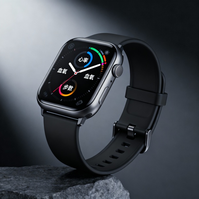 帮我生成产品概念图：外观描述：哑光黑色硅胶表带 + 铝合金机身，超薄无实体按键。屏幕为鲜艳的曲面AMOLED触摸屏，界面显示心率、血氧和步数（直接呼应核心功能）。

背景描述：纯净的“空灵空间”，背景预览效果