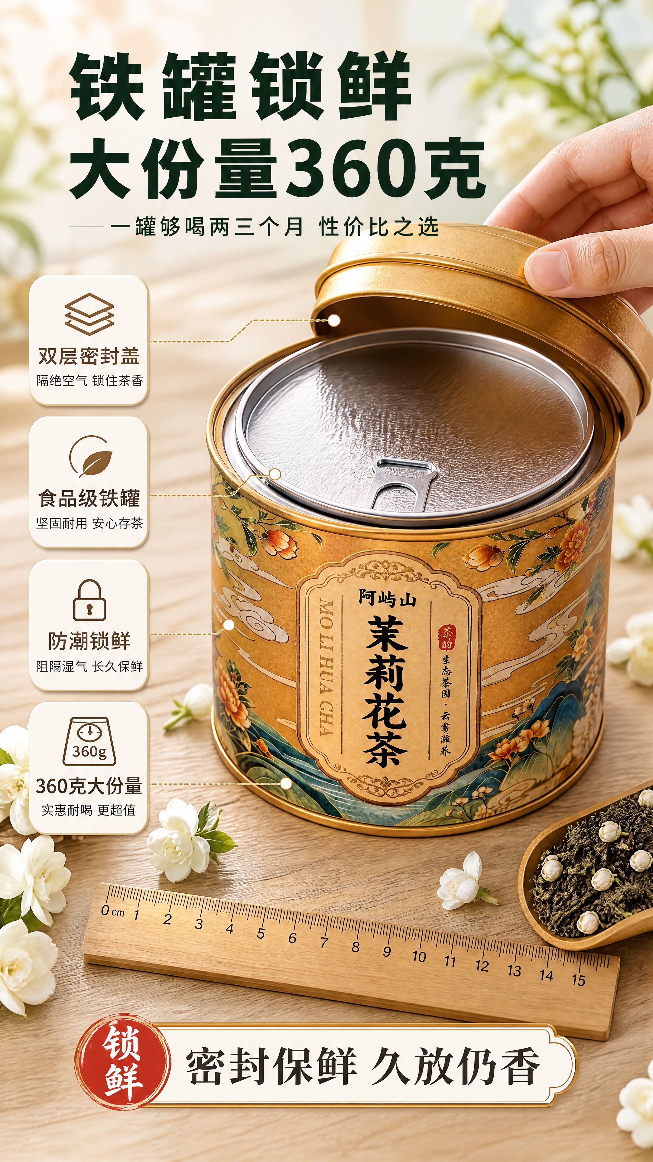 [商品] 使用【图1】阿屿山茉莉花茶金色铁罐；保留罐体结构、金… - 图片创意预览