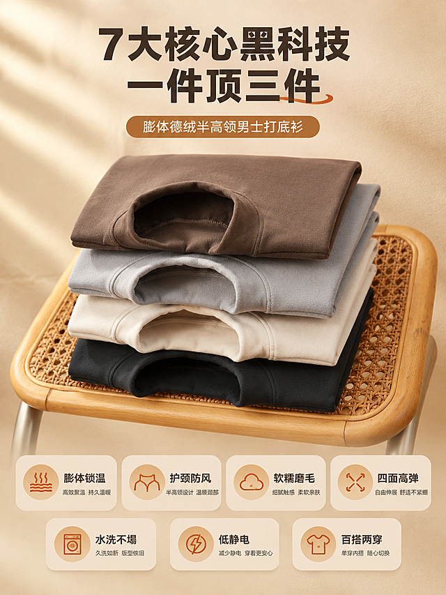 [商品] 使用【图10】4色德绒上衣叠放图（深咖、浅灰、米色、黑色）；商品处理：保留4件衣服的半高领设计、各自颜色、德绒面料质感和叠放层次；自然理顺褶皱，增强每件衣服的磨毛纹理和领口缝线细节，不改变颜色和版型。
[画面] 目标：7大核心卖点总览页，上图下文构图，上方4色叠放产品占画面45%，下方7个卖点图标分两排排列，阅读动线从上到下。背景为暖米色渐变，搭配细腻织物纹理。
[视觉] 套系策略：风格=国内电商高级A+暖调秋冬商业摄影；标题字=现代无衬线粗黑体；正文字=简洁无衬线体；主色=深咖暖棕；背景延展=基于深咖暖棕做深浅层级、同色渐变和细腻织物/纸张质感，暖调光影；强调色=焦糖橘，仅用于小面积图标、引线和标签；标题色=深炭灰；正文色=中暖灰；组件=圆角浅底信息卡、细线引线、暖调图标；光影=左前侧暖柔光。
[文字] 顶部主标题"7大核心黑科技 一件顶三件"，副标题"膨体德绒半高领男士打底衫"，下方7个圆角图标卡分别写"膨体锁温""护颈防风""软糯磨毛""四面高弹""水洗不塌""低静电""百搭两穿"，每个图标配简短说明，文字全部横排。
[规格] 图片比例3:4竖版（移动端），4K，medium，避免变形、错字、文字过小、冷蓝背景、衣服颜色混乱、极限词。
