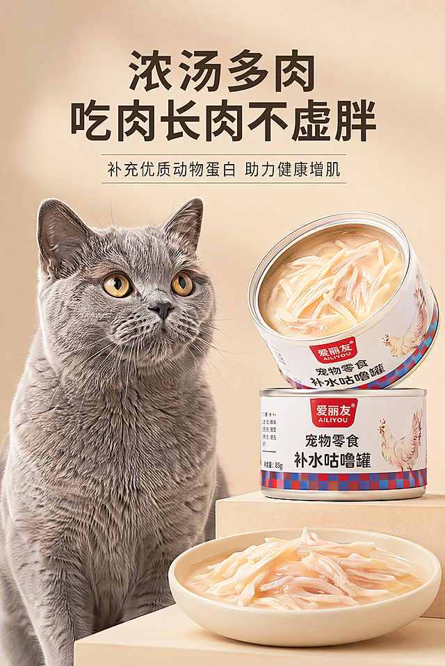 # 爱丽友浓汤鸡丝补水罐电商详情图设计系统提示词（12屏 2:3竖版）
## 第1屏：首屏KV主视觉
2:3竖版电商详情图，严格还原上传的产品图，包括白色罐身设计、爱丽友品牌LOGO、“宠物零食补水咕噜罐”文字、鸡肉图案、罐底红蓝格纹装饰、85g净含量标注等所有细节，产品尺寸比例保持1:1。整体采用简约轻奢-极简留白风+细质轻奢风，全系列风格统一，标题字体统一使用无衬线极简字体，采用大小层级、粗细对比排版。画面采用左文右图布局，左侧为核心标题区，右侧错落摆放完整罐身与开罐鸡丝罐，旁边点缀新鲜生鸡胸肉食材；背景为低饱和浅米色哑光质感，柔和侧光营造高级通透感。主标题：浓汤多肉鸡丝罐 吃肉长肉，副标题：99%高肉含量 补水又增肌，主标题加粗放大突出视觉重心，副标题细体辅助说明，整体留白充足，干净高级，突出产品真实食材质感。

## 第2屏：养猫补水痛点共鸣
2:3竖版电商详情图，严格还原上传的产品图，包括白色罐身设计、爱丽友品牌LOGO、“宠物零食补水咕噜罐”文字、鸡肉图案、罐底红蓝格纹装饰、85g净含量标注等所有细节，产品尺寸比例保持1:1。整体采用简约轻奢-极简留白风+细质轻奢风，全系列风格统一，标题字体统一使用无衬线极简字体，采用大小层级、粗细对比排版。画面上半部分为浅米色背景配痛点文字，下半部分为居家场景里猫咪低头凑近罐头的温柔特写，产品罐身摆放在画面右侧。主标题：告别喝水难 一罐补足每日水分，副标题：鲜炖浓汤 让猫咪主动爱上喝水，文字采用深棕色无衬线字体，上下错落排版，氛围温馨治愈，精准戳中养猫人群补水痛点。

## 第3屏：核心卖点1-高肉含量可视化
2:3竖版电商详情图，严格还原上传的产品图，包括白色罐身设计、爱丽友品牌LOGO、“宠物零食补水咕噜罐”文字、鸡肉图案、罐底红蓝格纹装饰、85g净含量标注等所有细节，产品尺寸比例保持1:1。整体采用简约轻奢-极简留白风+细质轻奢风，全系列风格统一，标题字体统一使用无衬线极简字体，采用大小层级、粗细对比排版。画面中心为电子秤上盛放的纯鸡丝特写，秤面清晰显示22g数值，旁边摆放开罐产品与新鲜鸡胸肉；纯白色哑光背景突出主体，光影柔和凸显肉丝肌理。主标题：每罐含22g纯鸡丝 99%高肉含量，副标题：真材实料 肉眼可见的满满鲜肉，文字居中排列，用直观数据可视化强化高肉卖点，简洁有说服力。

## 第4屏：核心卖点2-零添加纯净配方
2:3竖版电商详情图，严格还原上传的产品图，包括白色罐身设计、爱丽友品牌LOGO、“宠物零食补水咕噜罐”文字、鸡肉图案、罐底红蓝格纹装饰、85g净含量标注等所有细节，产品尺寸比例保持1:1。整体采用简约轻奢-极简留白风+细质轻奢风，全系列风格统一，标题字体统一使用无衬线极简字体，采用大小层级、粗细对比排版。画面采用居中对称布局，产品罐身位于画面下方，上方排列三个极简圆形图标，分别对应“胶、谷物、诱食剂”并标注禁止符号，图标下方配简短文字说明。主标题：0胶0谷0诱食 纯净配方更安心，副标题：拒绝有害添加 猫咪食用更放心，背景为浅米色哑光质感，整体干净清爽，传递安全健康的产品理念。

## 第5屏：核心卖点3-补水增肌长肉
2:3竖版电商详情图，严格还原上传的产品图，包括白色罐身设计、爱丽友品牌LOGO、“宠物零食补水咕噜罐”文字、鸡肉图案、罐底红蓝格纹装饰、85g净含量标注等所有细节，产品尺寸比例保持1:1。整体采用简约轻奢-极简留白风+细质轻奢风，全系列风格统一，标题字体统一使用无衬线极简字体，采用大小层级、粗细对比排版。画面左侧为体态健壮健康的英短猫半身特写，右侧错落摆放产品罐与浓汤鸡丝特写，背景为暖调浅棕色渐变哑光质感。主标题：浓汤多肉 吃肉长肉不虚胖，副标题：补充优质动物蛋白 助力健康增肌，文字排列在画面上方，主标题加粗突出，用猫咪健康体态直观呈现产品功效。

## 第6屏：核心卖点4-低敏单一肉源
2:3竖版电商详情图，严格还原上传的产品图，包括白色罐身设计、爱丽友品牌LOGO、“宠物零食补水咕噜罐”文字、鸡肉图案、罐底红蓝格纹装饰、85g净含量标注等所有细节，产品尺寸比例保持1:1。整体采用简约轻奢-极简留白风+细质轻奢风，全系列风格统一，标题字体统一使用无衬线极简字体，采用大小层级、粗细对比排版。画面中心平铺新鲜鸡胸肉食材，产品罐身斜放在食材上方，纯白色背景突出食材原生质感，柔和顶光展现肉的鲜嫩肌理。主标题：单一鸡胸肉源 低敏呵护玻璃胃，副标题：温和好吸收 幼猫成猫全阶段适用，文字居中排列在画面下方，风格极简干净，强化低敏易吸收的产品优势。

## 第7屏：品控质检信任背书
2:3竖版电商详情图，严格还原上传的产品图，包括白色罐身设计、爱丽友品牌LOGO、“宠物零食补水咕噜罐”文字、鸡肉图案、罐底红蓝格纹装饰、85g净含量标注等所有细节，产品尺寸比例保持1:1。整体采用简约轻奢-极简留白风+细质轻奢风，全系列风格统一，标题字体统一使用无衬线极简字体，采用大小层级、粗细对比排版。画面采用上下分栏布局，上半部分为极简线条绘制的质检流程图标（原料检测、生产管控、成品抽检），下半部分居中摆放产品罐身。主标题：真材实料 批批质检，副标题：严格品控标准 每一口都安全放心，背景为浅灰色哑光质感，整体专业严谨，提升品牌信任感。

## 第8屏：产品口感细节特写
2:3竖版电商详情图，严格还原上传的产品图，包括白色罐身设计、爱丽友品牌LOGO、“宠物零食补水咕噜罐”文字、鸡肉图案、罐底红蓝格纹装饰、85g净含量标注等所有细节，产品尺寸比例保持1:1。整体采用简约轻奢-极简留白风+细质轻奢风，全系列风格统一，标题字体统一使用无衬线极简字体，采用大小层级、粗细对比排版。画面主体为开罐鸡丝的超高清特写，根根鸡丝分明，表面裹着清亮浓汤，光影细腻展现肉丝鲜嫩质感；罐身局部露出在画面角落。主标题：鲜炖细切鸡丝 口感鲜嫩不柴，副标题：细腻好咀嚼 挑食猫咪也爱吃，文字排列在画面底部，用极致细节特写凸显产品口感优势。

## 第9屏：猫咪居家食用场景
2:3竖版电商详情图，严格还原上传的产品图，包括白色罐身设计、爱丽友品牌LOGO、“宠物零食补水咕噜罐”文字、鸡肉图案、罐底红蓝格纹装饰、85g净含量标注等所有细节，产品尺寸比例保持1:1。整体采用简约轻奢-极简留白风+细质轻奢风，全系列风格统一，标题字体统一使用无衬线极简字体，采用大小层级、粗细对比排版。画面为暖光居家场景，原木色地板上摆放着猫碗，碗里盛着鸡丝罐头，一只猫咪正低头进食；背景虚化处理，突出猫咪与产品主体，氛围温馨治愈。主标题：猫咪爱吃的鲜香美味，副标题：开罐即食 日常补水零食好选择，文字排列在画面上方，用真实使用场景增强用户代入感。