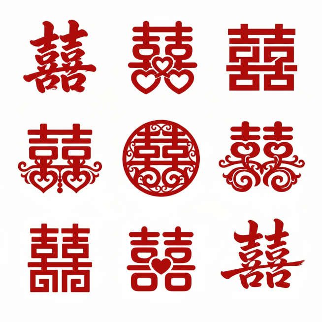 生成九款不同创意设计的红色囍字合集，保持参考图片的九宫格布局和风格，纯白色干净背景，所有囍字都是正红色，适合制作结婚喜庆玻璃贴，每款囍字设计独特，线条清晰，适合裁剪张贴预览效果