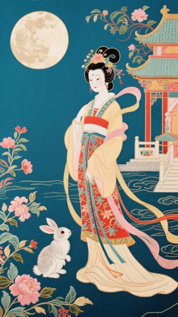 意识流烟雾构成的神话传说中的嫦娥，意识流烟雾构成的小玉兔伴随在傍边，全身造型，纸雕艺术，大师作品，晶莹剔透，背景是意识流烟雾状月宫，圆月预览效果