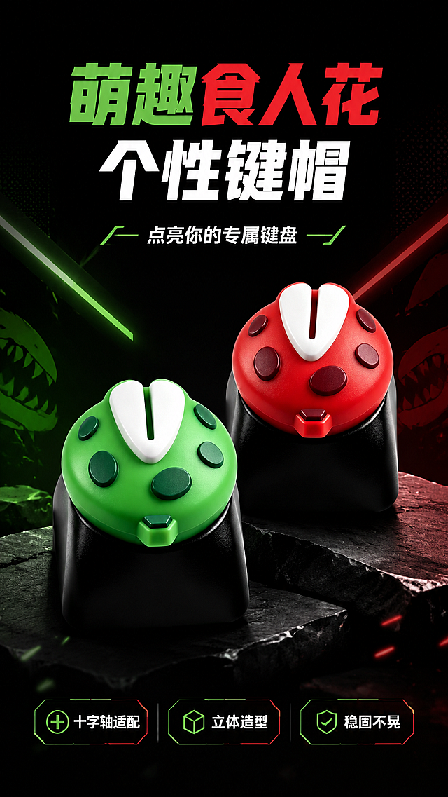 [第1屏] 详情页头图-萌趣卡通食人花键帽产品主视觉，展示红绿两款特色SKU。本屏使用【图1】绿色款和【图2】红色款作为主体商品。
[氛围/风格] 潮流电竞数码风格，简约酷炫背景，精致商业摄影质感
[元素布局] 红绿两款食人花键帽居中分层摆放，占比约70%，上下预留标题和文案区域；保留产品原有结构、颜色和造型，食人花造型生动立体。
[光影质感] 顶侧柔和打光，产品底部自然投影，清晰保留塑料材质纹理和轮廓层次
[配色色系] 全局统一底色 #121212，主色黑绿红撞色，辅助色白色文字
[视角构图] 正面平视，产品为视觉中心，阅读动线从上到下，顶部标题→中部产品→底部卖点
[文字版式] 主标题「萌趣食人花 个性键帽」，副标题「点亮你的专属键盘」，底部三个卖点胶囊：十字轴适配、立体造型、稳固不晃；文字排版清晰，不遮挡主体产品，文字清晰可辨
[比例分辨率] 9:16 竖版比例，4K分辨率，高清画质
[负向提示词] 变形，水印，文字错乱，文字过小，缺件错件，结构错误，颜色偏差，产品图模糊，背景杂乱