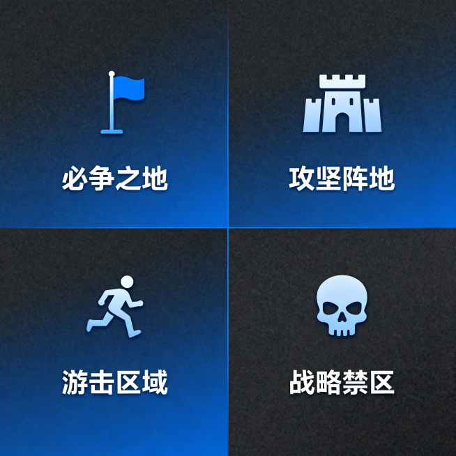 色调： 科技蓝+深灰色，营造专业、冷静的氛围。
视觉元素： 每个象限可以用一个极简的图标来表示：
【必争之地】：一面旗帜 🚩
【攻坚阵地】：一个堡垒 🏰
【游击区域】：一个奔跑的小人 🏃
【战略预览效果