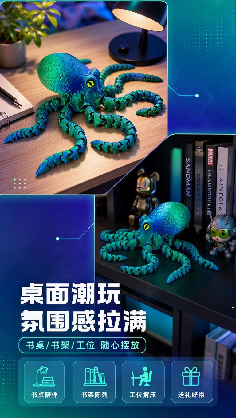 [商品] 使用【图1】3D打印关节章鱼玩具（幻彩蓝绿款）；保留… - 图片创意预览