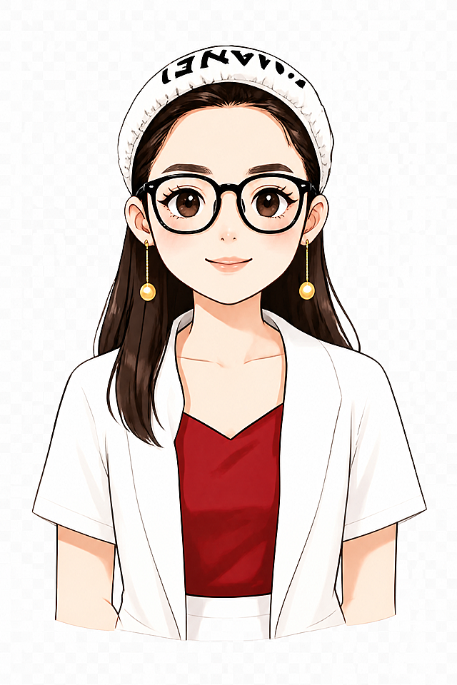 基于参考图中的女性卡通人物形象，单独生成一张完整的半身像，保留人物所有特征：白色发带印有黑色字母、黑框眼镜、金色圆珠耳环、棕色长发、白色外套内搭红色上衣，Q版卡通插画风格，线条清晰流畅，色彩饱满均匀，人物完整居中，透明背景，高清精致优化