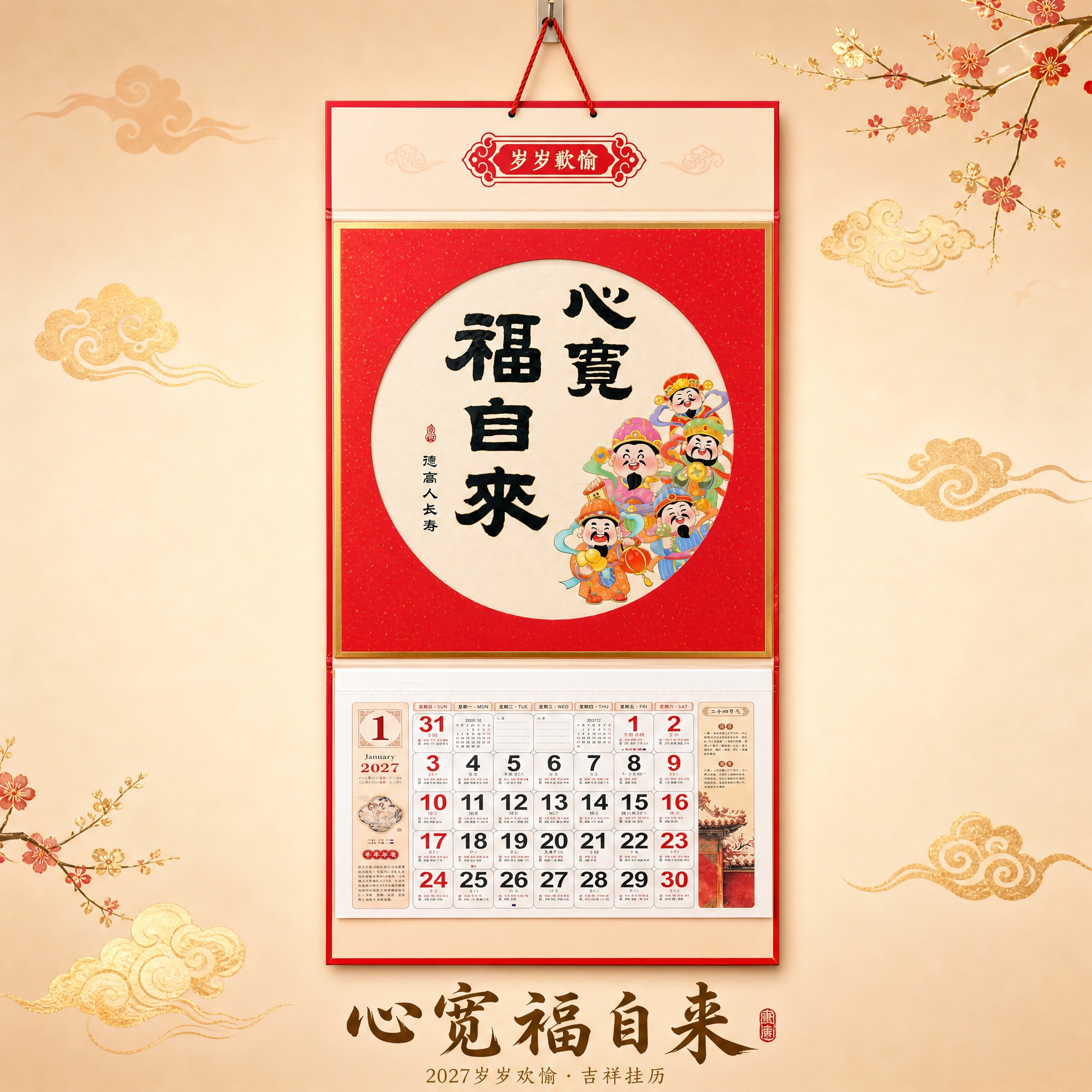 心宽福自来款2027岁岁欢愉吉祥挂历 SKU单品图。 [统一基… - 图片创意预览