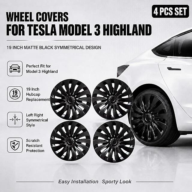 将图中所有的数字18改为19，包括'18 INCH MATTE BLACK'中的18、'18 Inch Hubcap Replacement'中的18以及左侧圆形图标中的'18 INCH'，保持原有字体、大小、颜色、排版风格和整体画面完全不变