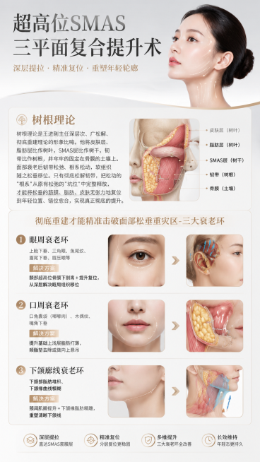 基于这张浅灰白渐变简约底图制作医美科普海报，主题是超高位SMAS三平面复合提升术，使用高级简约医美风格，保持浅灰白金色调统一和谐。大标题"超高位SMAS三平面复合提升术"放在顶部清晰突出。添加内容板块预览效果