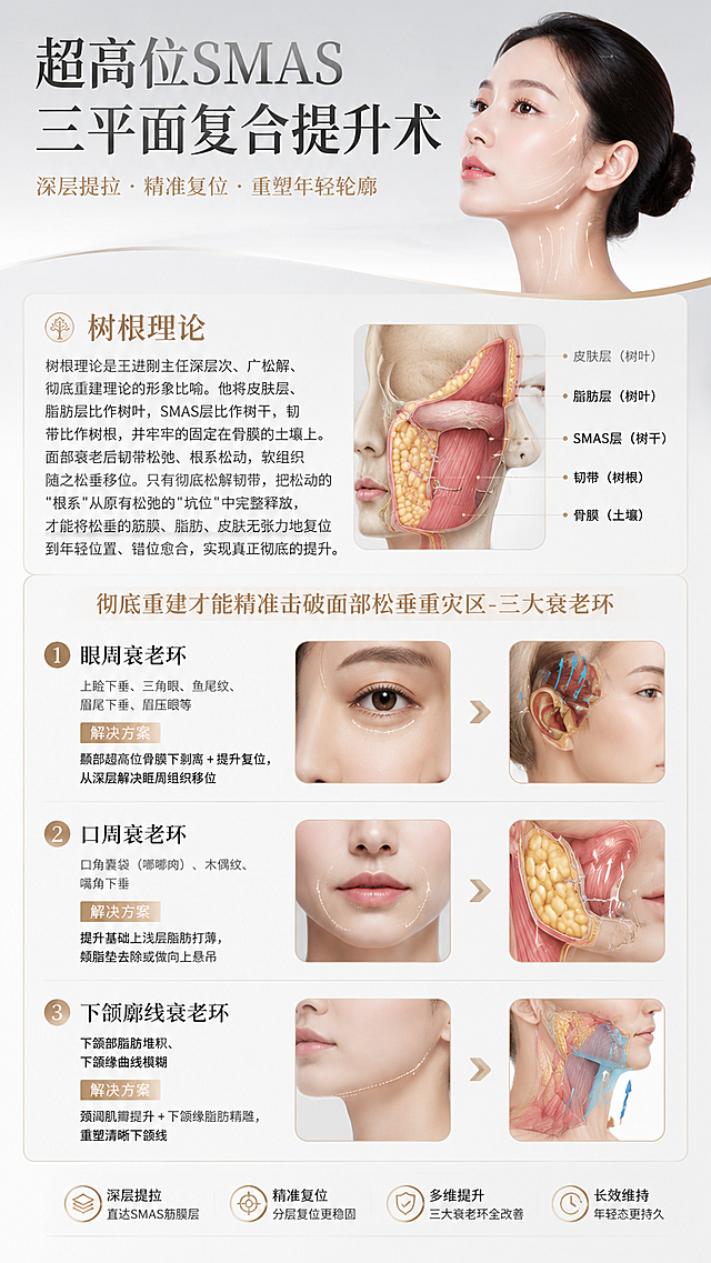 基于这张浅灰白渐变简约底图制作医美科普海报，主题是超高位SMAS三平面复合提升术，使用高级简约医美风格，保持浅灰白金色调统一和谐。大标题"超高位SMAS三平面复合提升术"放在顶部清晰突出。添加内容板块：树根理论介绍、三大衰老环解决方案三个板块，每个板块做分区设计，适当插入写实清晰的医美面部结构插图（非线描），将原有的房地产文字替换为以下医美科普文字：
树根理论
树根理论是王进刚主任深层次、广松解、彻底重建理论的形象比喻。他将皮肤层、脂肪层比作树叶，SMAS层比作树干，韧带比作树根，并牢牢的固定在骨膜的土壤上。面部衰老后韧带松弛、根系松动，软组织随之松垂移位。只有彻底松解韧带，把松动的"根系"从原有松弛的"坑位"中完整释放，才能将松垂的筋膜、脂肪、皮肤无张力地复位到年轻位置、错位愈合，实现真正彻底的提升。
彻底重建才能精准击破面部松垂重灾区-三大衰老环
1.眼周衰老环：上睑下垂、三角眼、鱼尾纹、眉尾下垂、眉压眼等
解决方案：颞部超高位骨膜下剥离 + 提升复位，从深层解决眶周组织移位
2.口周衰老环：口角囊袋（嘟嘟肉）、木偶纹、嘴角下垂
解决方案：提升基础上浅层脂肪打薄，颊脂垫去除或做向上悬吊
3.下颌廓线衰老环：下颌部脂肪堆积、下颌缘曲线模糊
解决方案：颈阔肌瓣提升 + 下颌缘脂肪精雕，重塑清晰下颌线
整体版式丰富和谐，板块清晰，专业高级
