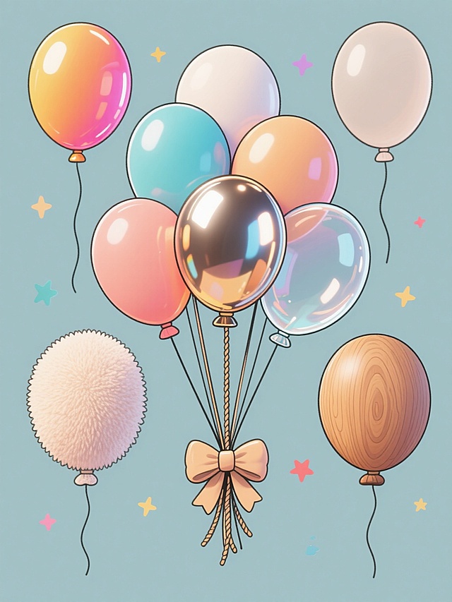 一套6个不同材质的卡通风格气球集合，每个气球都保持相同的束状造型（由多个圆形气球通过绳子连接，底部系有蝴蝶结），背景为纯色。第一个气球呈现光滑塑料质感，色彩鲜艳饱和；第二个为哑光磨砂质感，颜色柔和低饱和；第三个是金属光泽质感，带有反光和高光；第四个是透明玻璃质感，半透明效果并带有折射光影；第五个是绒毛质感，表面有细微的绒毛纹理；第六个是木纹质感，气球表面呈现木纹肌理。所有气球整齐排列在画面中，周围点缀着彩色小星星，整体保持卡通插画的线条风格和简洁构图。