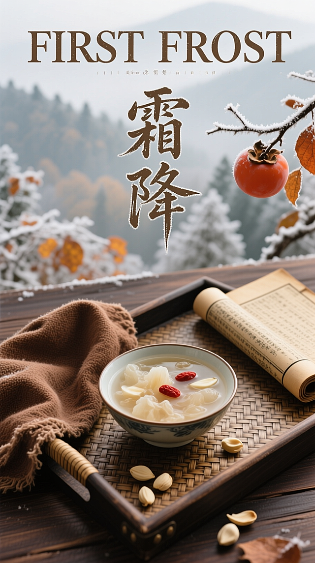 画面主体为复古竹编托盘，旁边搭着棕褐色麻巾，托盘旁放置一卷翻开的古籍书卷，托盘里放着一碗百合银耳枸杞粥和散落的几个干百合；画面顶部用艺术字体呈现英文 “FIRST FROST”，中间是“霜降”艺术字，左侧点缀一枝带霜的柿树枝；背景是有薄雾的山林远景（秋叶带霜）与深色檀木桌面，整体氛围古朴雅致，色调偏暖棕与霜白。