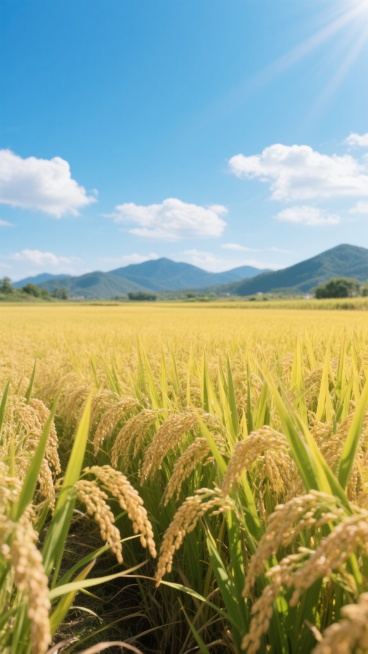 晴朗的蓝天下，几朵白云点缀其间，阳光明媚地洒在一望无际的金色水稻田上，饱满的稻穗低垂着随风轻轻摇曳，稻叶呈现出健康的黄绿色，远处是连绵的青山轮廓，整体画面干净明亮，符合现实逻辑，适合作为背景素材使用。预览效果