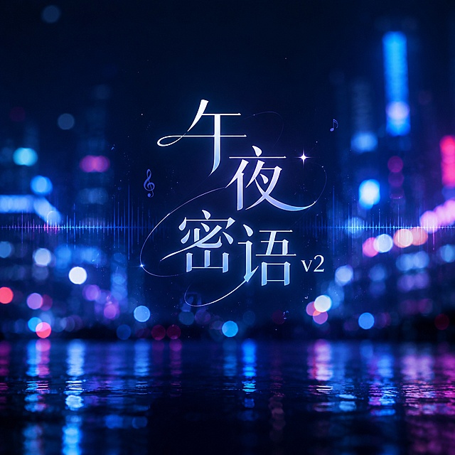 音乐专辑封面设计，1:1正方形构图，午夜深蓝色调，神秘朦胧的氛围，画面中央有优雅的中文标题文字"午夜密语v2"，字体设计精致有艺术感，背景是深夜城市霓虹灯光虚化的光斑效果，带有微弱的声波或音符元素点缀，整体风格现代简约又充满氛围感，适合作为音乐封面，高品质细节，电影级光影