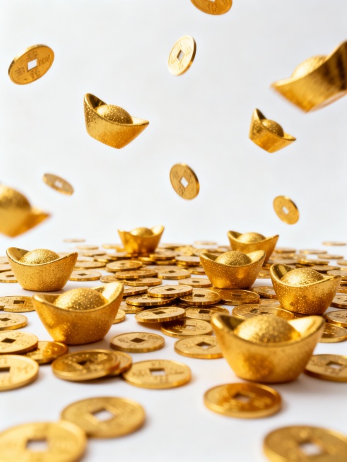地上散落的金黄色的钱币和金元宝，磨砂质感，纯白色北京，空中随处飘扬着金黄色的钱币、金元宝预览效果