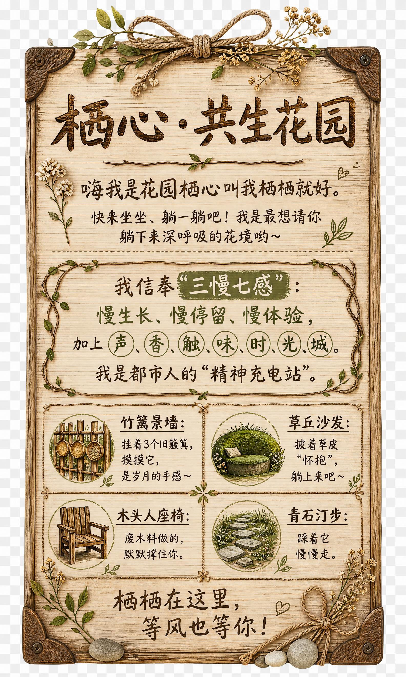 生态复古原木风竖版花园简介牌设计，无背景透明底，规格宽300m… - 图片创意预览