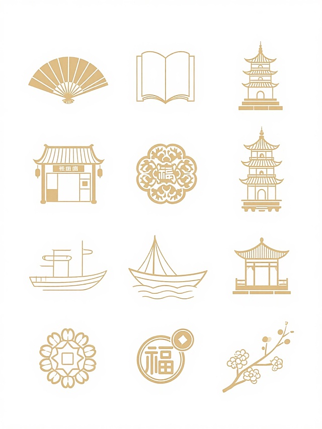 中国传统金色线条风格装饰图案，包含扇形、书简、店铺、剪纸、码头、宝塔、古钱币、福字纹和梅花元素，线条纤细流畅，浅金色，图案排列整齐，纯白色背景，简洁典雅的传统中国风设计感