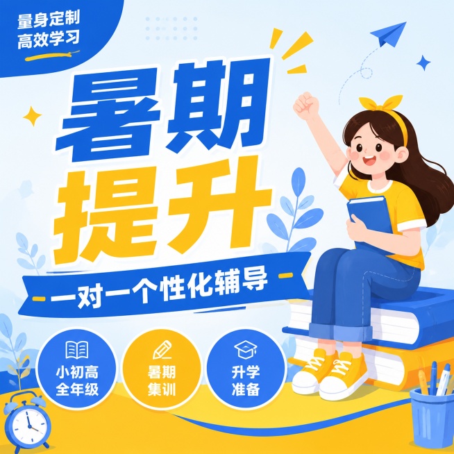 扁平插画风格教育培训海报，延续参考图蓝黄清新配色，1:1正方形比例，突出主文案。主标题蓝黄撞色放大写"暑期提升"，蓝色横幅副标题写"一对一个性化辅导"，右侧女生坐在书本上比加油手势，底部三个圆形标签写预览效果