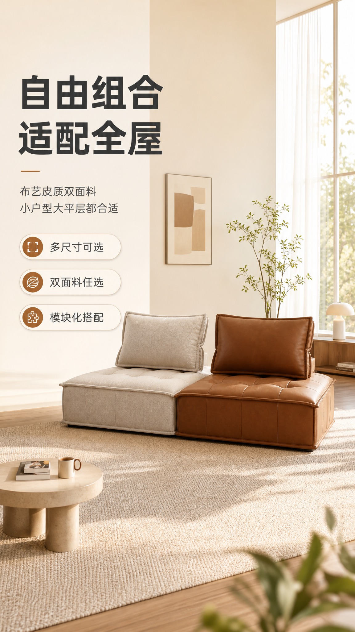 [商品] 使用【图1】模块化组合沙发，左侧米白色布艺款、右侧焦… - 图片创意预览