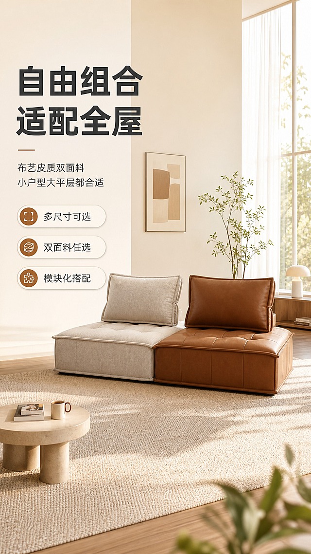 [商品] 使用【图1】模块化组合沙发，左侧米白色布艺款、右侧焦糖棕色皮质款；保留方正箱体结构、低矮落地式设计、拉点坐垫、方形靠枕、无扶手模块化单元形态、两种面料质感与颜色；修复坐垫褶皱使其饱满挺括，增强缝线与拉点细节，不改变产品结构与比例。
[画面] 页面目标：头图海报，展示双面料沙发组合在明亮客厅中的整体效果，传递自由组合、大小户型都适配的核心利益。左文右景版式，左侧约1/3竖列文案区，右侧约2/3为明亮通透的现代客厅大场景；沙发组合置于画面中右区域，占画面约55%；前景为浅米色地毯与小边几，中景为沙发主体，后景为落地窗白纱帘+暖调自然光+简约装饰画与绿植；营造慵懒午后、整洁高级的居家氛围。
[视觉] 套系策略：风格=明亮暖调现代轻奢家居商业摄影；标题字=现代无衬线粗体中文；正文字=简洁无衬线体中文；主色=米杏暖白；背景延展=基于米杏暖白做深浅层级、同色渐变和细腻墙面/织物质感；强调色=焦糖棕，仅用于小面积图标、引线、胶囊标签和局部光效；标题色=深炭灰；正文色=中暖灰；组件=圆角浅底信息卡、细线引线、胶囊形卖点框；光影=左前侧暖柔自然光，逆光从落地窗勾勒轮廓，产品信息面清晰明亮。
[文字] 左侧竖列文案区：主标题"自由组合 适配全屋"，副标题"布艺皮质双面料 小户型大平层都合适"，下方3条亮点胶囊："多尺寸可选"、"双面料任选"、"模块化搭配"；文字不遮挡沙发主体，全部横向排版，字号保证手机端清晰可读。
[规格] 图片比例9:16竖版，4K，避免变形、错字、文字过小、冷蓝/蓝灰背景、沙发颜色改变、结构失真、极限词。